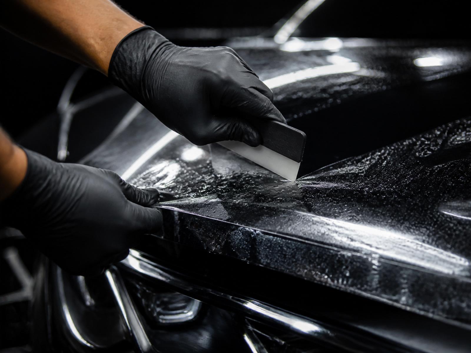 Close-up of gloved hands installing paint protection film